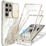 GVIEWIN Compatible with Samsung Galaxy S24 Ultra Case with Slide Camera Cover+Screen Protector,[2 Front Frames] 360° Armor Fullbody Shockproof Bumper Protective Marble Case 6.8", Pearlescent/Gold