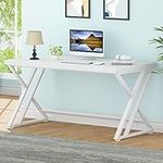 LVB Modern White Computer Desk, Long Industrial Home Office Desk for Student, Large Metal Wood Writing Study Work Desk, Farmhouse Executive Gaming Computer Table for Bedroom Living Room, White, 60 in