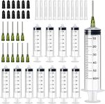 12PCS Plastic Syringe 60ml, Liquid Measuring Syringes with 14G 1" Blunt Tip Needles, Cap, Tip Plug, Large Extraction Syringes for Refilling, Dispensing, Experiments, Oil or Glue Applicator