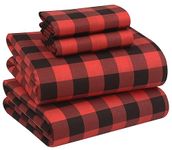 RUVANTI 100% Cotton Flannel Sheet Set - Red & Black Plaid - Queen