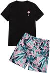 GORGLITTER Men's Tropical Short Set Summer Crewneck Short Sleeve T Shirt and Shorts Sets 2 Pieces Outfit Black Medium