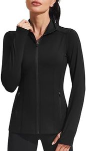 PINSPARK Workout Jackets for Women Athletic Running Gym Yoga Jacket Lightweight Full Zip Slim Fit Sports Tops Thumb Holes Pockets, Black, Large