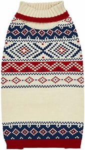 Blueberry Pet Holiday Christmas Chic Turtleneck Fair Isle Fall Winter Pullover Dog Sweater in Creamy White, Back Length 18", Warm Clothes for Large Dogs