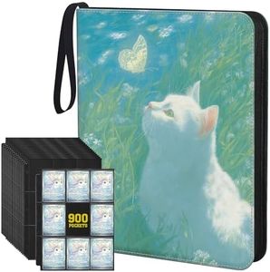 UGYAZX TCG Trading Card Binder, 900 Pockets, 3-Ring Zipper with 50 Double-Sided 9-Pocket Pages, Fits 2.5" x 3.5" Cards, Acid-Free PVC-Free PP Pages, PU Cover, White Cat & Butterfly Design