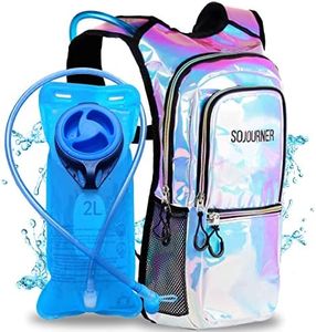 SOJOURNER Rave Hydration Pack Backpack - 2L Water Bladder Included for Festivals, Raves, Hiking, Biking, Climbing, Running and More (Holographic - Blue)