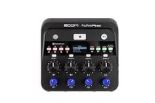 ZOOM PodTrak P4next podcast recorder, 4 XLR microphone inputs, 4 headphone outputs, AI noise reduction, tone and comp effects, telephone input, sound pads, recording to SD, battery or USB power supply