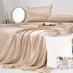 PROMEED Mulberry Silk Bed Sheets California King Set 23 Momme, Includes Flat Sheet, Deep Pocket Fitted Sheet and Pillowcases, 4pcs Bedding Set (Champagne, California King)