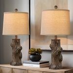 OYEARS 23"Resin Table Lamps for Living Room Set of 2 Country Cottage Farmhouse Lamp for Bedroom Tree Trunk Wood Grain with Oatmeal Fabric Round Shade Vintage Rustic Traditional Nightstand Bedside Lamp