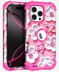 LONTECT for iPhone 16 Pro Max Case Three-Layer Shockproof Heavy Duty Hybrid Sturdy High Impact Protective Cover Girls Women Flower Case for Apple iPhone 16 Pro Max 6.9 inch 2024,Pink