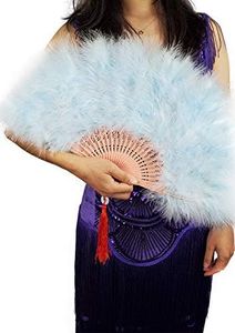 Happy Feather Handheld Marabou Feather Fan, 1920s Vintage Style Flapper Hand Fan for Costume Party and Dancing-Light Blue