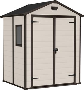 Keter Manor 6x5 ft Outdoor Garden Shed – Wood-Effect Resin, Double Doors, Beige/Brown