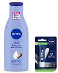 NIVEA Body Lotion for Dry Skin, Shea Smooth, with Shea Butter, For Men & Women, 120 ml & NIVEA Men Lip Balm, Active Care SPF for 24h Moisture, 4.8 g