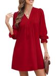 Dokotoo Sun Dresses for Women Casual V Neck Sexy Dresses Pleated Shirt Dresses Puff Long Sleeve Red Dresses Elegant Classy Midi Dress for Beach Party Work Outfit Small