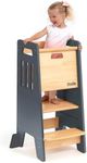 Toddler Tower with a Sliding Door and 3 Adjustable Heights - Complete Toddler Kitchen Stool Helper with Support Feet - Safe Design for 18+ Months to 6-Year-Old Kids - Gray