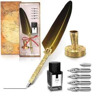 Antique Feather Quill Pen and Ink Set – Stand & Gift Box, Golden Writing Quill and Ink Set with 5 Nibs, Patterned Anti-Slip Grip – Stainless Steel Dip Pen for Signing & Writing | Calligraphy Gift
