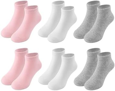 Fiveluck 6 Pack Girls Toddler Ankle Socks, Cotton Soft Low Cut Socks for Kids, Daily School Casual Wear, White/Grey/Pink, 9-12 Years