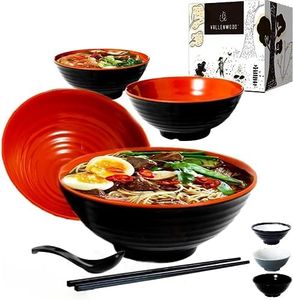 4 Ramen Bowls, 12 pieces Pho set. Red Black Asian Japanese soup. Utensil: Spoons And Chopsticks kit. Melamine. Large 37 oz. Noodles, Rice, Udon, Thai, Chinese, Korean, Wonton, Miso (Red Black x4)