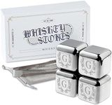 Whiskey Stones Gifts Set with Initial for Men & Women, 4pcs Stainless Steel Whiskey Rocks with Pouch and Tong, Chilling Ice Cubes Initial Gifts for Whiskey Lovers, Dad, Mom, Grandpa, Uncle - J