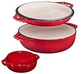 Bruntmor 2-in-1 Pre-Seasoned Cast Iron Pan |Cocotte Double Braiser Pan with Grill Lid 3.3 Quarts - Barbecue Grill Non Stick Frying Pan - Nonstick Cookware Set with Wide Handle (Red)
