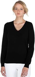 JENNIE LIU Women's 100% Pure Cashmere Long Sleeve Pullover V Neck Sweater, Black, X-Small