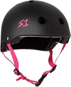 S1 Lifer Helmet for Skateboarding, BMX, and Roller Skating - EPS Fusion Foam, CPSC & ASTM Certified - Black Matte w/Pink Straps Medium (21.5")