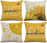 AnyDesign Summer Decor Pillow Covers 18 x 18 Inch Hello Sunshine Yellow Sunflower Throw Pillow Case Farmhouse Decorative Cushion Case for Outdoor Activity Sofa Home Couch Office, 4 Pack