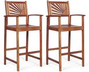 COSTWAY Patio Bar Stools Set of 2, Outdoor Acacia Wood Bar Chairs with Sunflower Backrest, Curved Armrests & Breathable Seat, Ideal for Balcony, Sunroom, Patio, Easy Assembly (1)