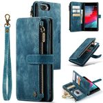 UEEBAI Wallet Case for iPhone 7 Plus/iPhone 8 Plus, Premium Handmade PU Leather Phone Case Card Slots Magnetic Closure Zipper Pocket Kickstand Flip Case with Hand Strap - Vintage Blue