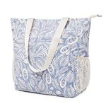 WANDF Floral Beach Tote Water-resistant Beach Bag Large Shoulder Bag for Yoga Travel with Multi Pockets (Blue Leaf)