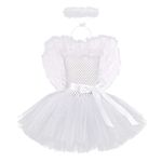 FYMNSI Kids Baby Girl Angel Costume Princess Tutu Tulle Dress Halo Headband White Feather Wings Set for Halloween Costume Carnival Cosplay Christmas Eve Stage Performance White (3pcs Set) 9-10 Years