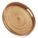 DECRAFTS Rattan Serving Tray with Handles Round Woven Coffee Table Trays for Ottoman Decorative (Large 34cm x 7cm)