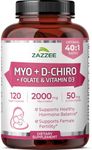 Zazzee Myo-Inositol + D-Chiro, with Folate (5-MTHF) + D3, 120 Vegan Capsules, Optimal 40:1 Inositol Ratio, 30 Day Supply, All-Natural, Non-GMO, Supports Hormone Balance and Ovulation, Made in The USA