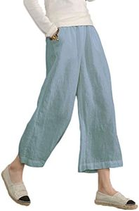 ECUPPER Womens Linen Cropped Pants Loose Casual Capri Cotton Wide Leg Plus Size Elastic Waist with Drawstring Trouses Light Blue 5XL