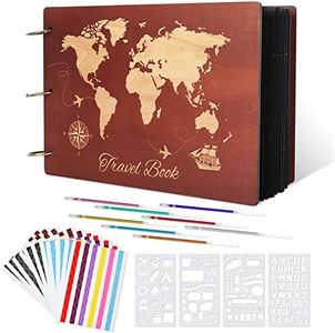 Scrapbook Album, Giiffu Refillable Travel Album Wooden Photo Album Vintage DIY Memory Photo Book 100 Pages Travel Scrapbook for Anniversary, Wedding, Travelling, Baby Shower (World Map Scrapbook)
