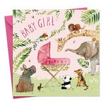 Twizler New Baby Girl Card with Pink Crib and Jungle Animals - New Baby Card Girl - Newborn Essentials - Congratulations Card - Cute Card - New Baby Gifts - New Baby Girl Gifts