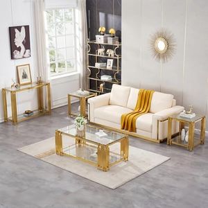 Sybrioka 51" Luxury Glass Coffee Table Set of 4, Modern Console Table with 2 End Tables, Clear Tempered Glass Top & Golden Stainless Steel Leg, 4-Piece Living Room Table Set for Apartment Home Decor