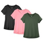 icyzone Women's Workout Running T-Shirt V-Neck Gym Fitness Top Short-Sleeve Sport Shirt, 3 Pack (M, Solid Black/Pale Pink/Dark Green)