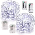 MUMUXI Remote Control Fairy Lights Battery Operated String Lights with Timer [Set of 2], 33ft 100 LED Twinkle Lights with Remote | Outdoor Fairy Lights Waterproof Silver Wire Firefly, Cool White