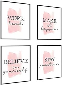Lot de 4 cadres muraux avec citation inspirante « Stay Positive Make It Happen » - Peinture sur toile rose pour adolescente - Décoration de chambre à coucher ou bureau