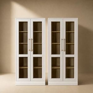 mopio Blake Tall Display Cabinet, Kitchen Buffet Pantry Cupboard, Trophy Display Case, Storage Cabinet Scratch Resistant Acrylic, Modern Farmhouse Curio Organizer (White Oak Acrylic, Set of 2)