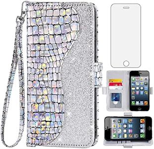 Asuwish Phone Case for iPhone 5S 5 SE 2016 5SE Wallet Cover with Screen Protector and Flip Card Holder Bling Glitter Cell iPhone5 iPhone5s iPhoneSE iPhone6se i 6SE iPhone5se Women Girls Silver