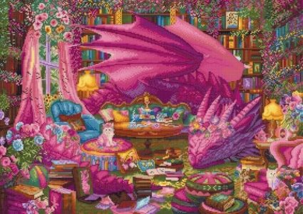 Wizardi Counted Cross Stitch Kit "The Reading Realm" L9970 – Pink Dragon in Library, 16ct White Zweigart Aida Luca-S 60 Colors Floss, Needle, Chart, 17.72x12.6" Kit for Adult Letistitch