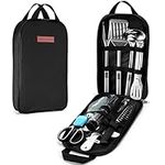 Odoland Camping Cookware Utensils Travel Set, Camp Kitchen Utensil Organizer, Cutting Board, Kitchen Scissors, Slotted Tongs Seasoning Bottle and Case for Backpacking, Outdoor Black