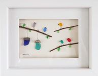 Colourful Birds - Unique Pebble Art & Sea Glass Picture - Framed, Unique, Handmade