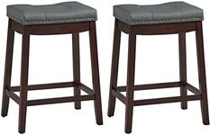 Giantex Set of 2 Backless Bar Stools, Kitchen Counter Bar Stools with Exquisite Nailhead and Solid Rubber Wood Legs, Saddle Bar Stools for Dining Room Living Room, 64cm Height, Brown with Grey Cushion