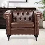 Vaztrlus Modern Living Room Chairs, Oversized Chesterfield Chair, Brown Faux LeatherTufted Arm Accent Chairs Deep Seat Comfy Classic Club Wingback Single Sofa Chair for Bedroom Office Sofa Chair Sets