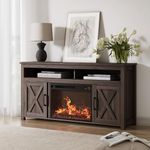 BELLEZE Barn Door Wood Electric Fireplace TV Stand for TVs up to 65 Inches Open Shelves and Cabinets Media Entertainment Center Console Table - Corin (Dark Walnut)