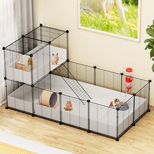 YITAHOME Guinea Pig Cage, Indoor C&C Small Animal Cage with Waterproof Plastic Liner, Loft and Partition for Bunny, Chinchilla and Hamster, Habitat Fence Playpen with 30PCS Pannels