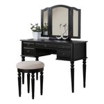 Poundex Bobkona St. Croix 3 Fold Mirror Vantiy Table with Stool Set in Black