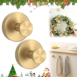 2Pcs Suction Cup Hooks for Wreaths on Glass, No Drill Suction Cup Hooks for Shower Hanging Towels, 15lbs Stainless Steel Waterproof Rustproof Bathroom Towel Hanger for Mirrors Tiles Glass (Gold)